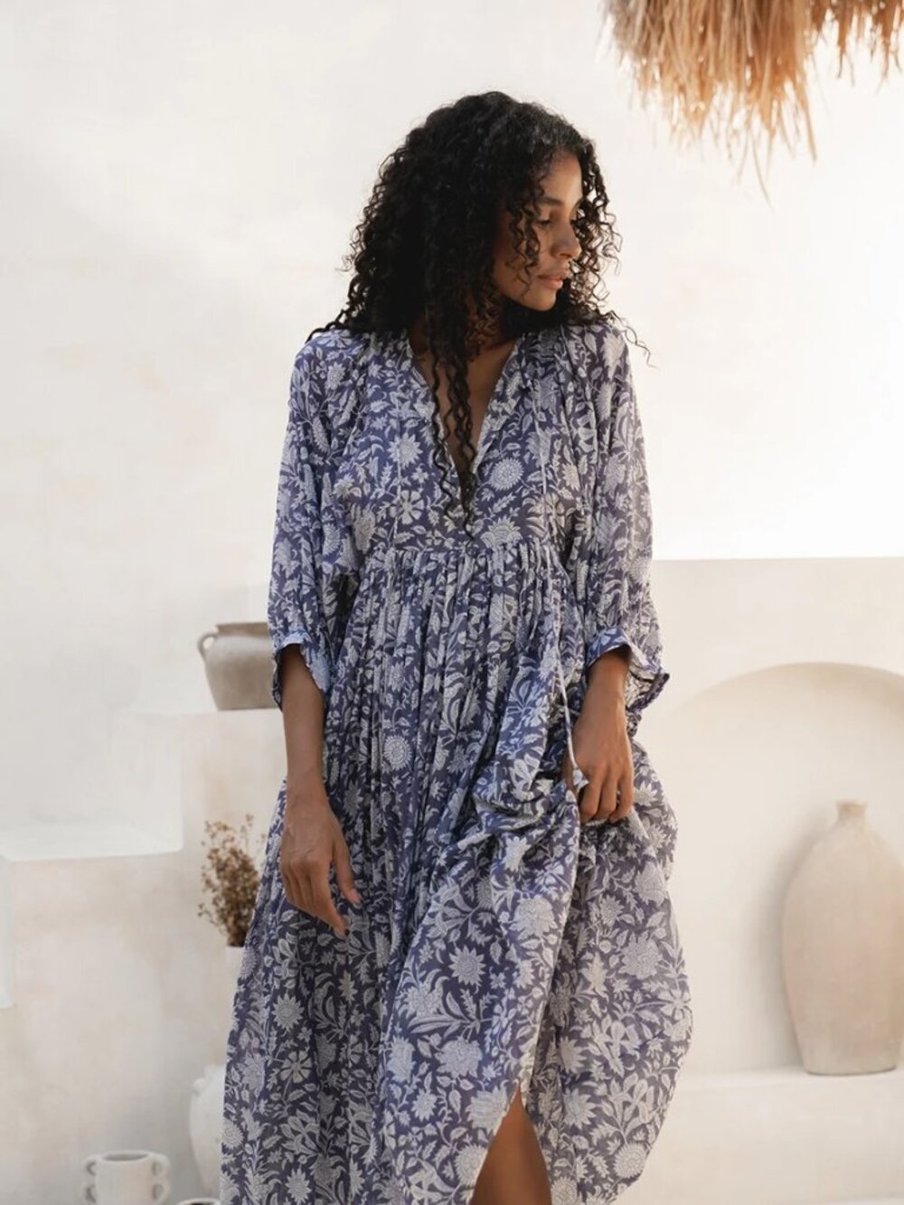 Daughters of India Kyra Midi Dress in Blue Floral Block Print - Size L